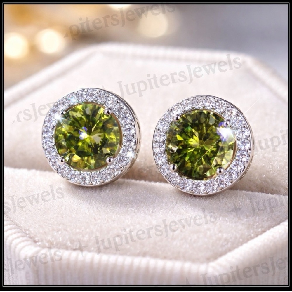 NEW 925 SILVER PERIDOT GREEN DIAMOND HALO STUD AUGUST ROUND STATEMENT EARRINGS